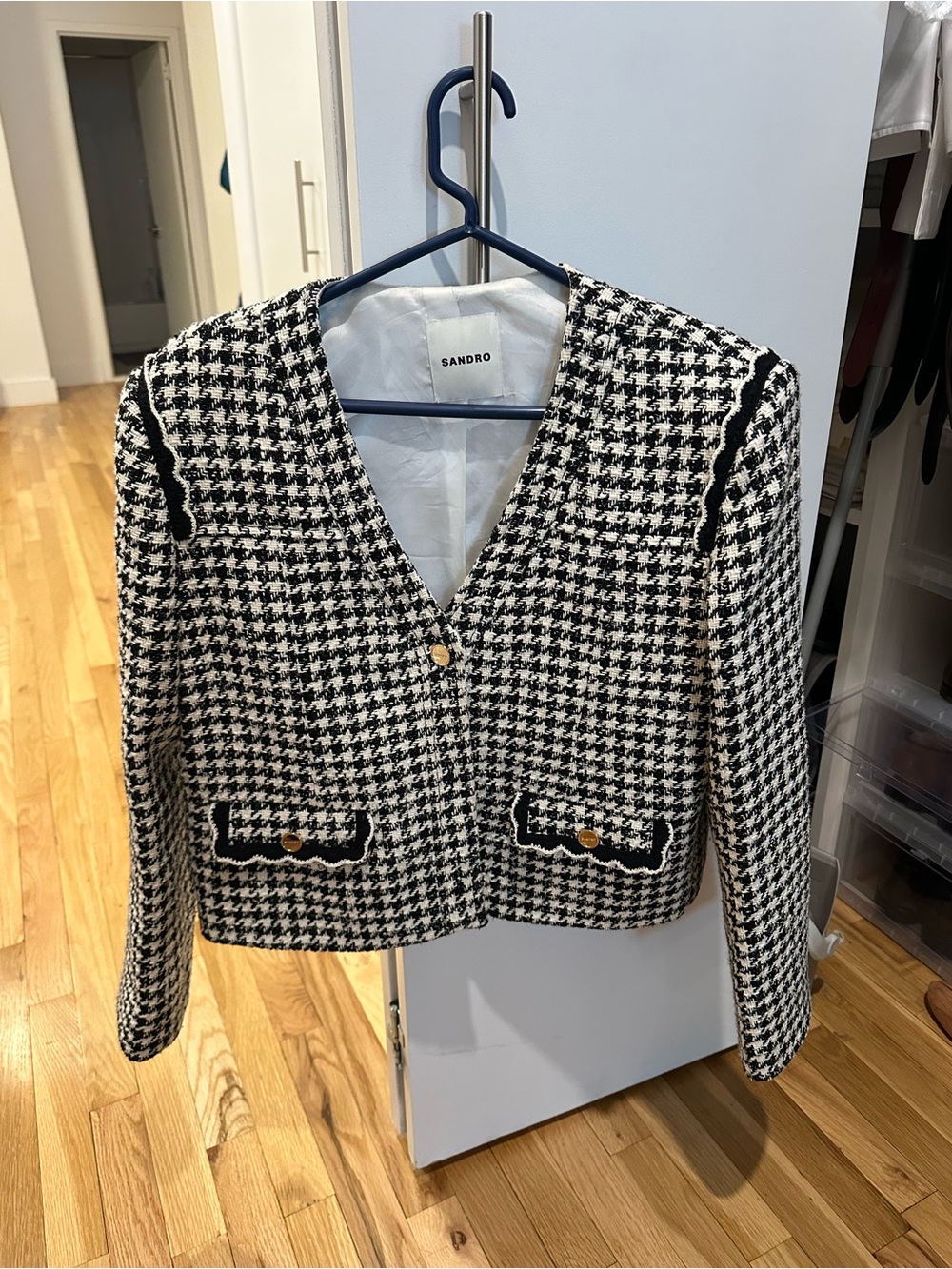 Sandro Black & White Houndstooth Cropped Blazer with Gold Buttons